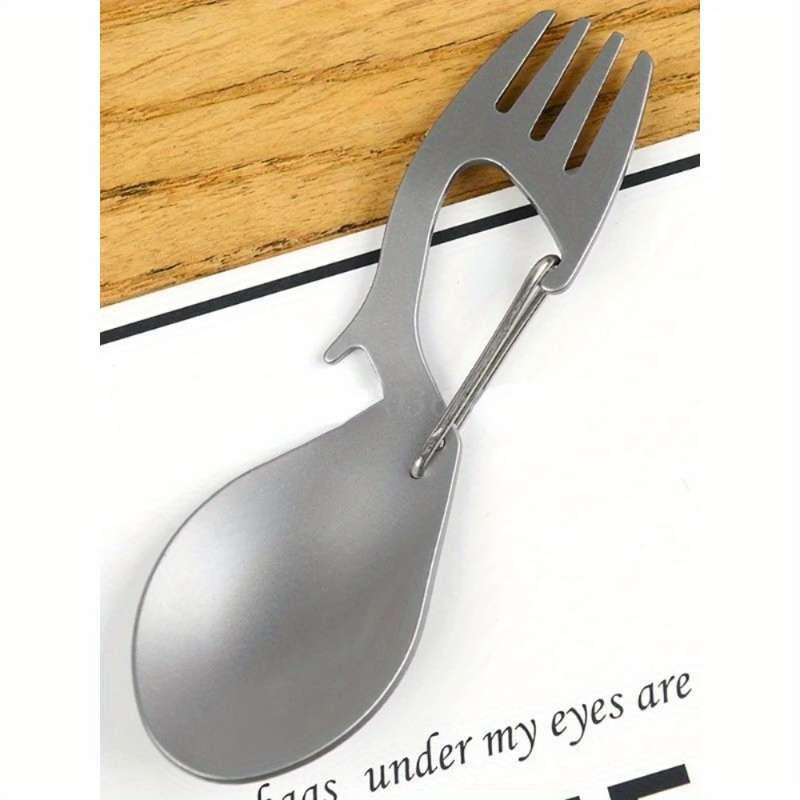 1pc Stainless Steel 3in1 Camping Utensil Fork Spoon Bottle Opener with Carabiner Clip for
