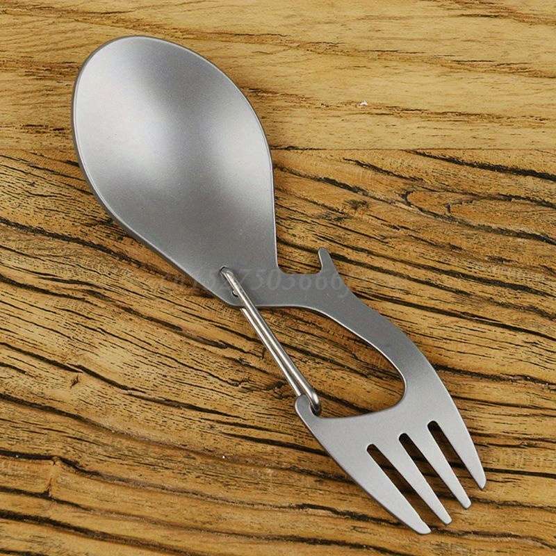 1pc Stainless Steel 3in1 Camping Utensil Fork Spoon Bottle Opener with Carabiner Clip for