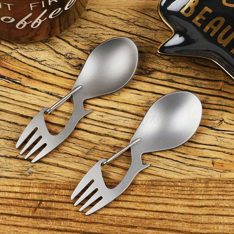 1pc Stainless Steel 3in1 Camping Utensil Fork Spoon Bottle Opener with Carabiner Clip for