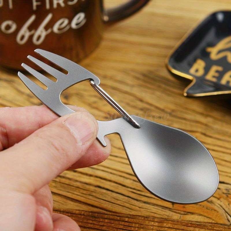 1pc Stainless Steel 3in1 Camping Utensil Fork Spoon Bottle Opener with Carabiner Clip for
