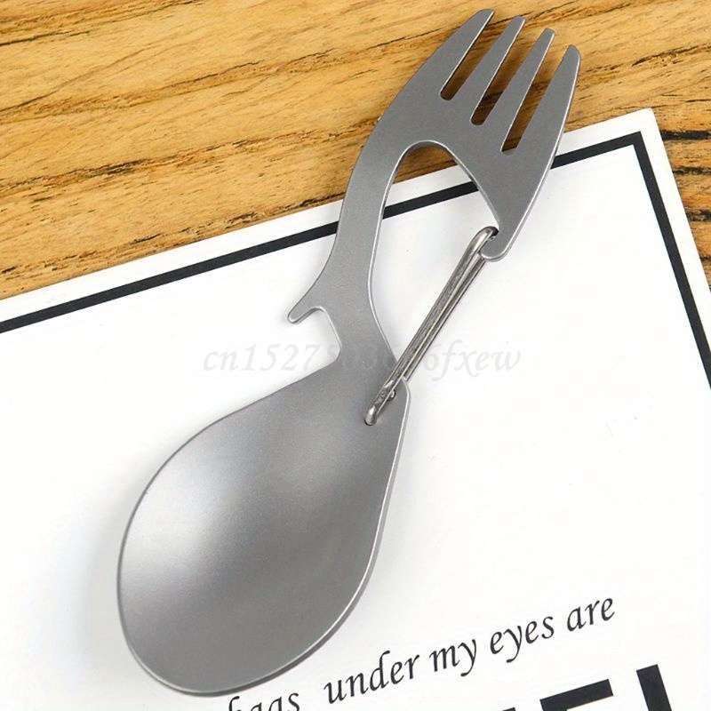 1pc Stainless Steel 3in1 Camping Utensil Fork Spoon Bottle Opener with Carabiner Clip for