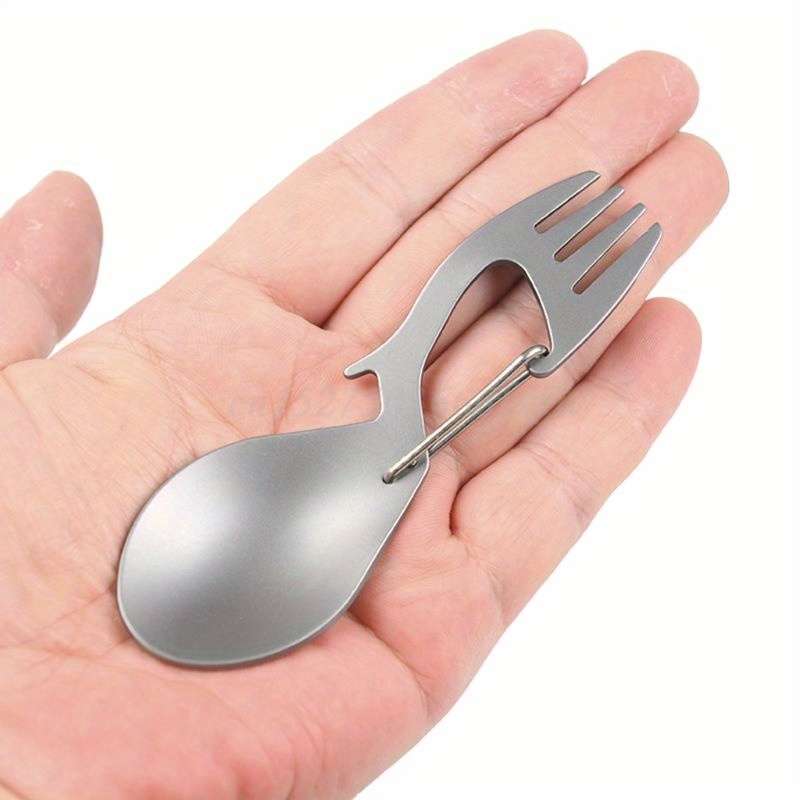 1pc Stainless Steel 3in1 Camping Utensil Fork Spoon Bottle Opener with Carabiner Clip for