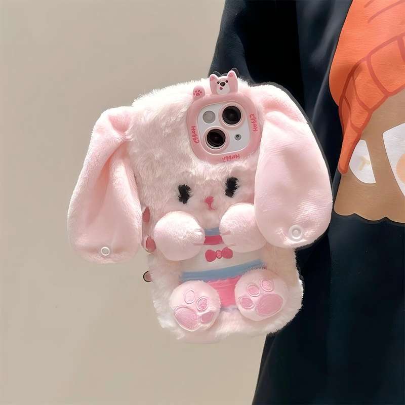 1Pc White For iPhone 11 Plush Cute 3D Bunny Phone Case