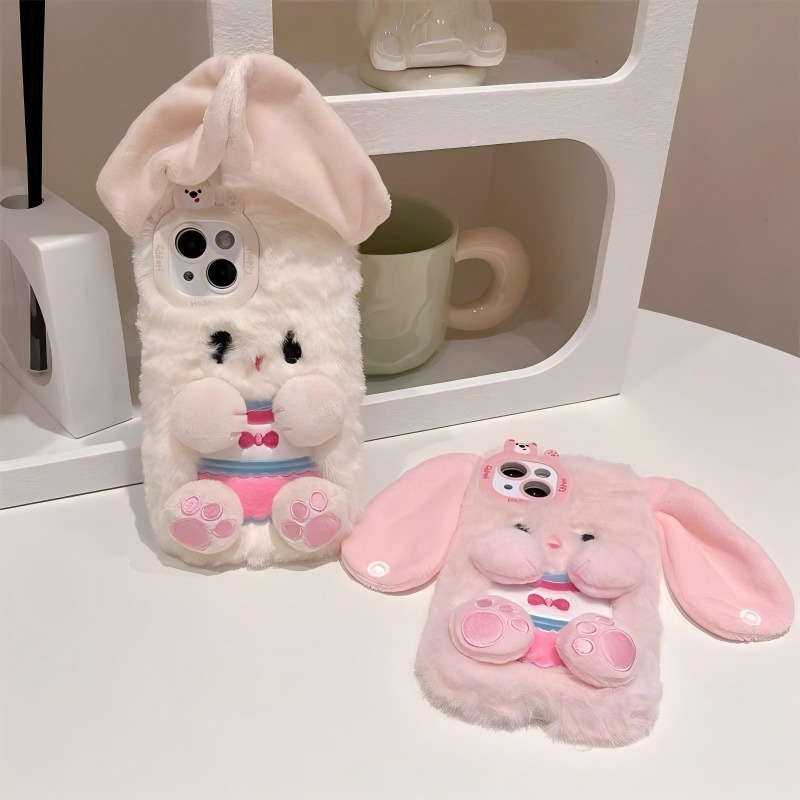 1Pc White For iPhone 11 Plush Cute 3D Bunny Phone Case