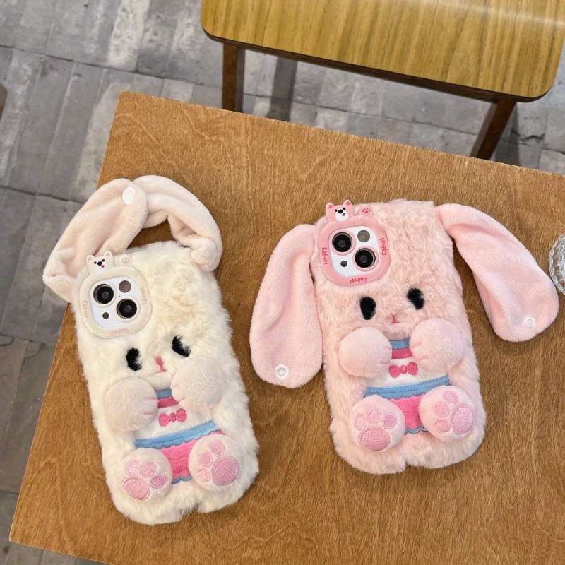 1Pc White For iPhone 11 Plush Cute 3D Bunny Phone Case