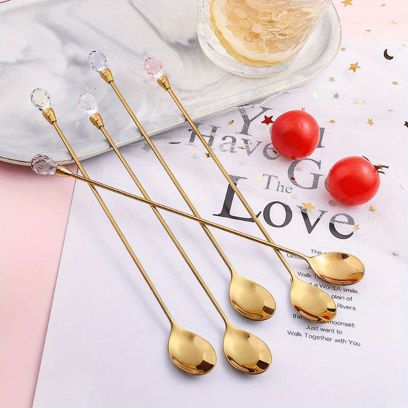 1pc Long-Handled Stirring Spoons with Artificial Diamond and Zirconia Inlay Perfect for Variou