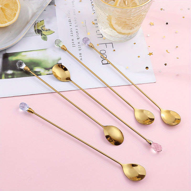 1pc Long-Handled Stirring Spoons with Artificial Diamond and Zirconia Inlay Perfect for Variou