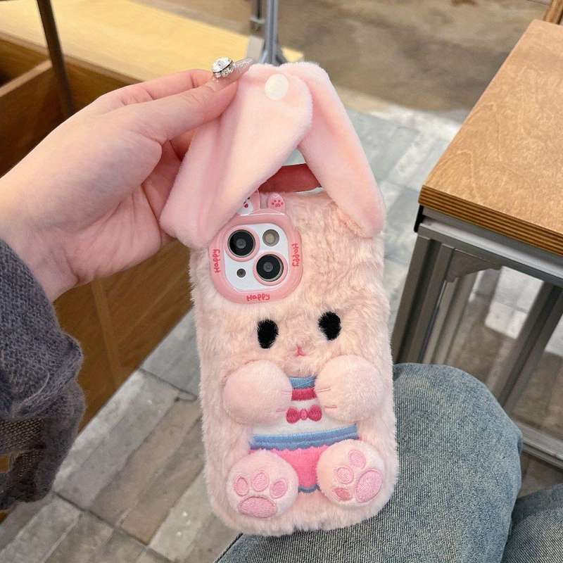1Pc White For iPhone 16 Plush Big Eared Rabbit Phone Case