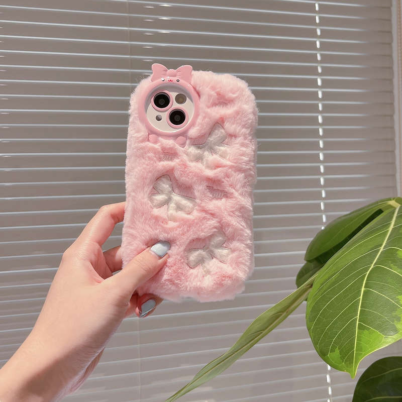 1Pc White For iPhone 11 Plush Bow Tie Pattern Phone Case