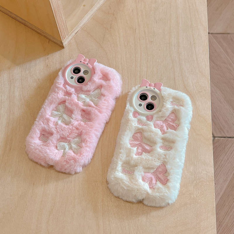 1Pc White For iPhone 11 Plush Bow Tie Pattern Phone Case