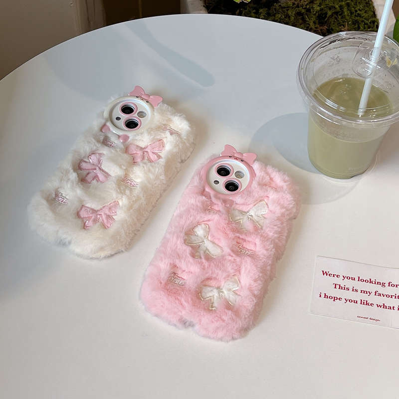 1Pc White For iPhone 11 Plush Bow Tie Pattern Phone Case