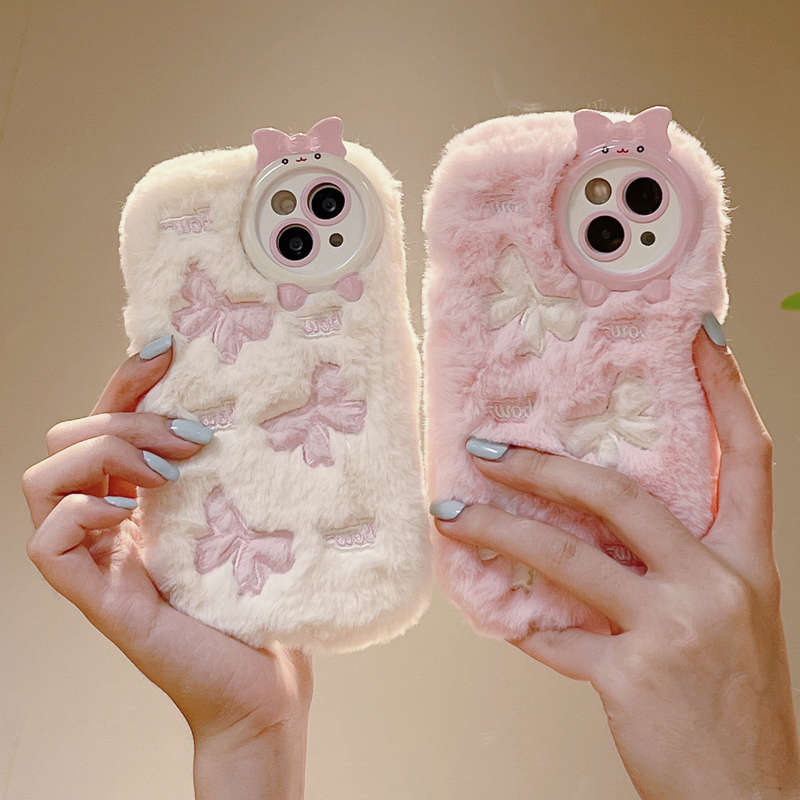 1Pc White For iPhone 11 Plush Bow Tie Pattern Phone Case