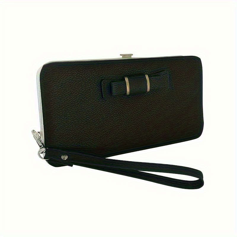 1pc Elegant Faux Leather Phone Wallet with Bow Detail Card Slots Zipper Pocket and Wrist Str
