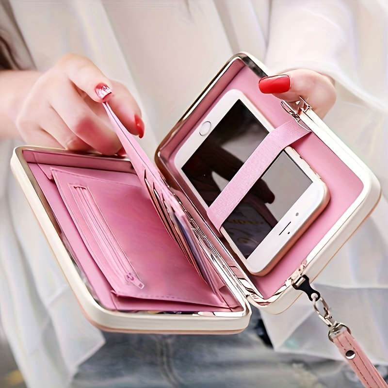 1pc Elegant Faux Leather Phone Wallet with Bow Detail Card Slots Zipper Pocket and Wrist Str