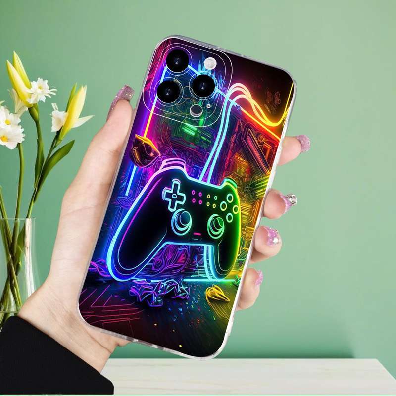 1Pc Mixed Color For iPhone 15 Plus Neon Light And Game Controller Phone Case