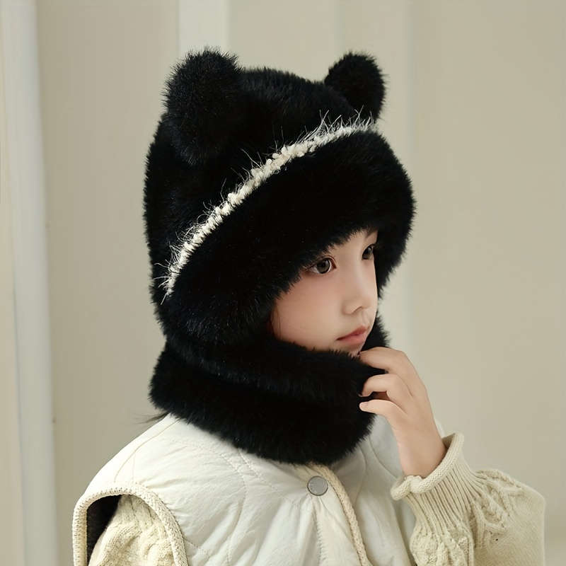 Winter Hat Applicable People Double Ball Plush Hat Scarf Mask Body Suit Hat   Beige