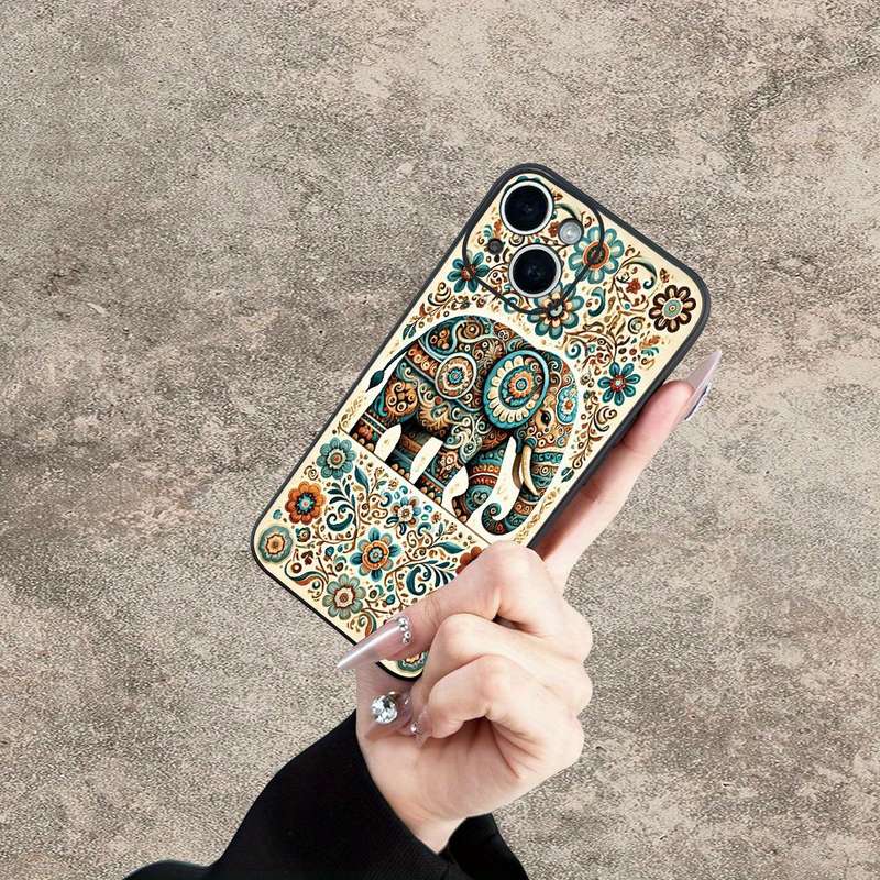 1Pc Mixed Color For iPhone 15 Plus Ethnic Elephant And Floral Phone Case