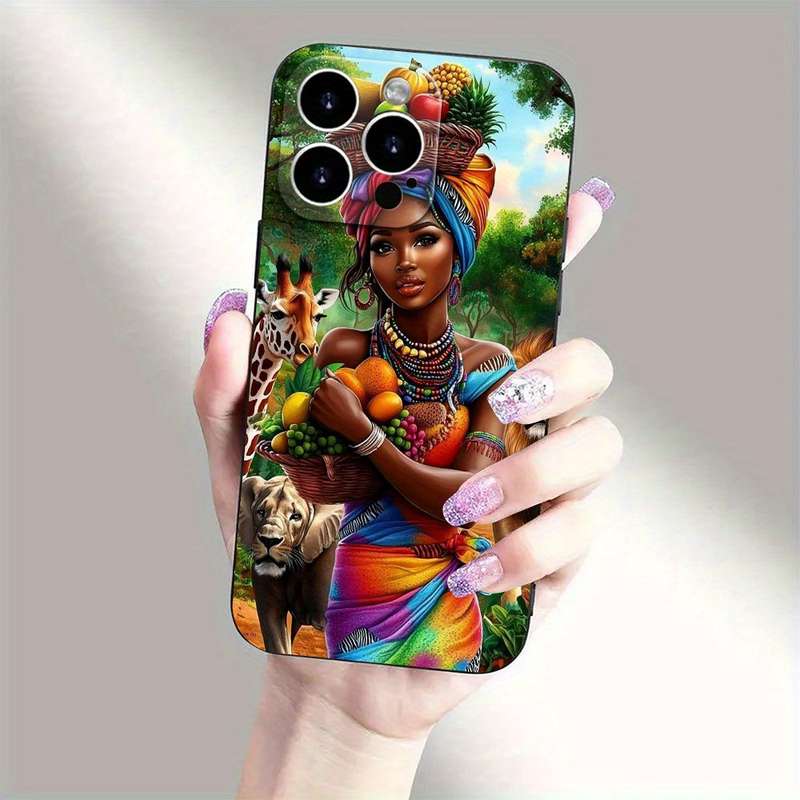 1Pc Black For iPhone 15 Plus Stylish African Lady TPU Phone Case