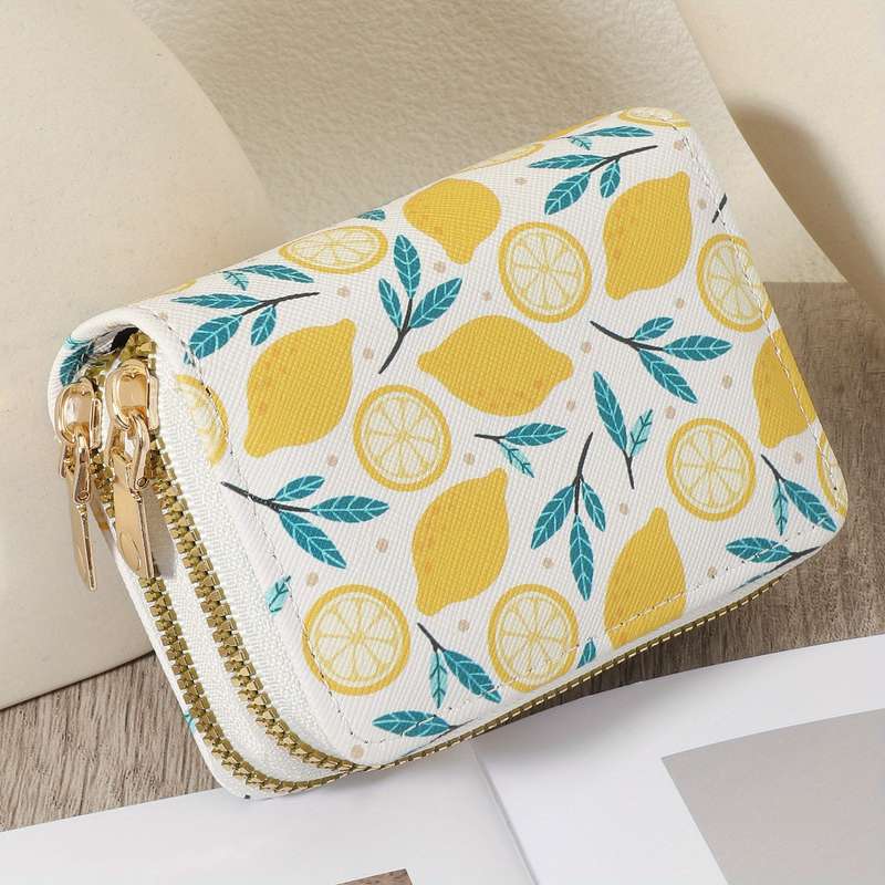 1pc Lemon Print Stylish Credit Card Holder with Double-Layer Zipper Lightweight Wallet Vibrant Y