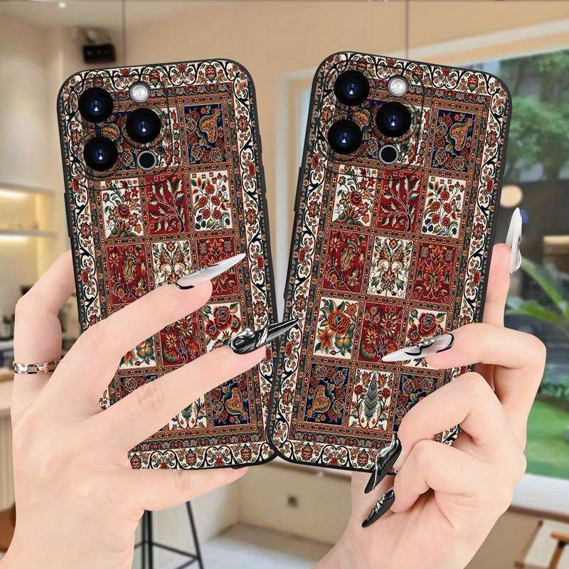 1Pc Black For iPhone 16 Pro Ethnic Print Frosted Phone Case