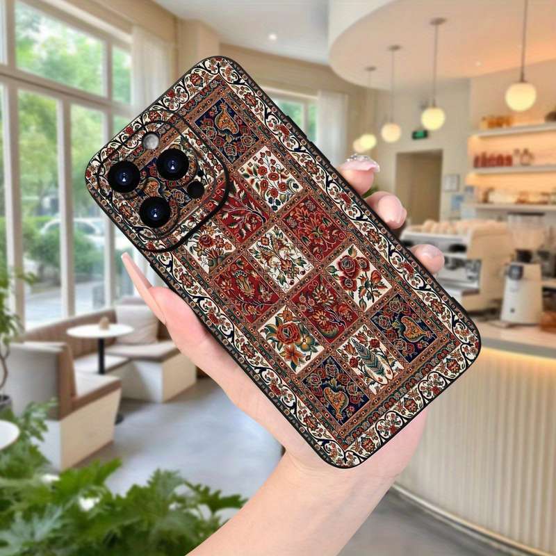 1Pc Black For iPhone 16 Pro Ethnic Print Frosted Phone Case