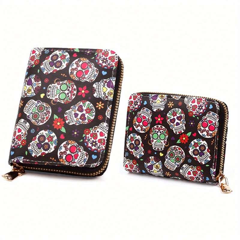 1pc High-end Retro Halloween Wallet Creative Halloween Wallet Colorful Skull Printing Multi-car