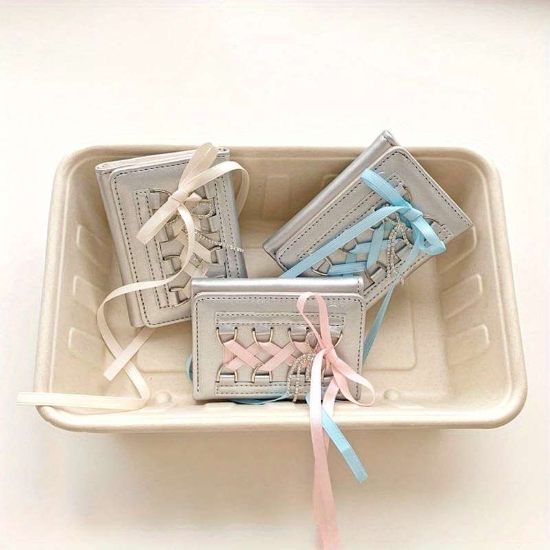 1pc Ballet Style Strap Wallet Short Design with Button Closure Three-Fold PU Card Holder Pra