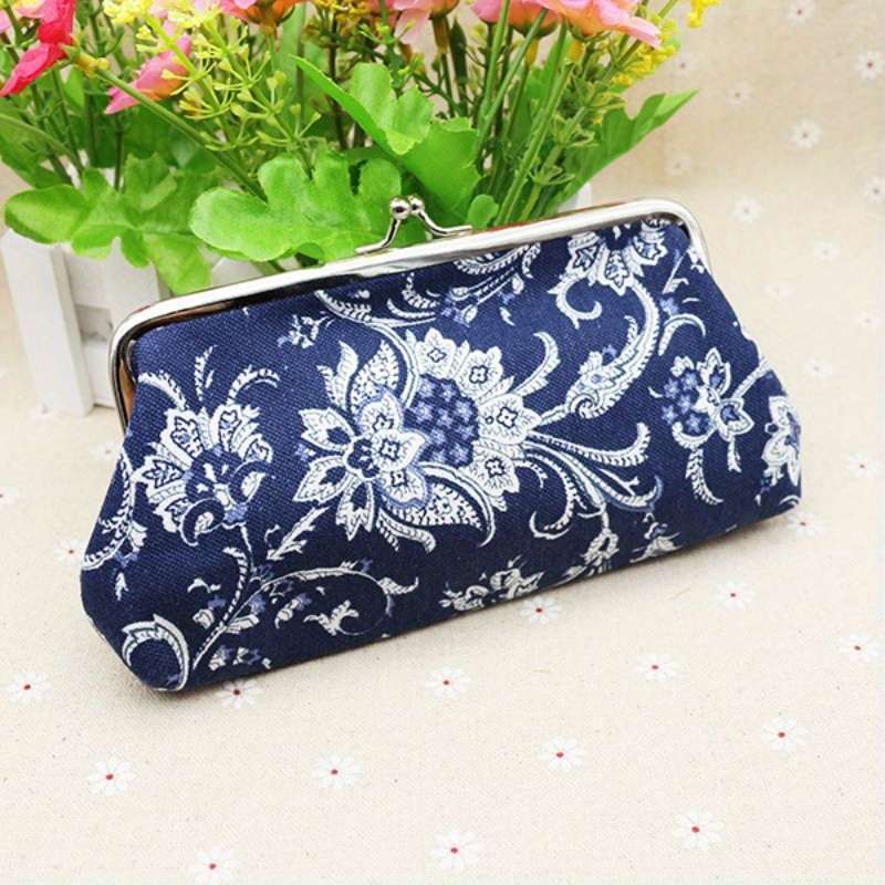 1pc Elegant Blue and White Porcelain-Inspired Canvas Coin Purse Ethnic Floral Design Compact 5-I