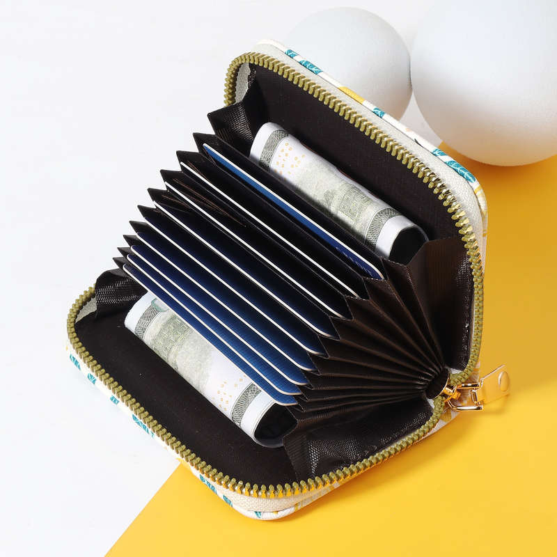 1pc Women'S Chic Lemon Leaf Print WalletCompact Zipper Coin Purse with Card Slots Stylish Whi