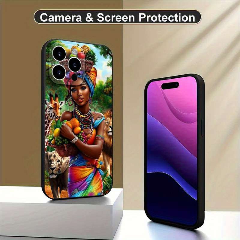 1Pc Black For iPhone 15 Plus Stylish African Lady TPU Phone Case