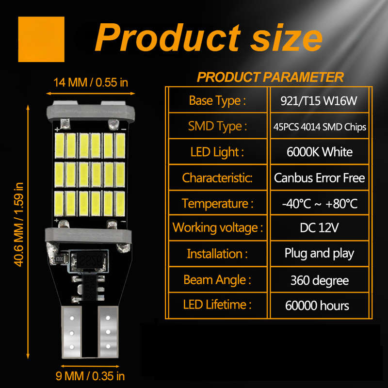 2pcs Red LED Turn Signal Lamp Bulbs T15 W16W 921 912 T16 902 Super Bright 45 SMD 40