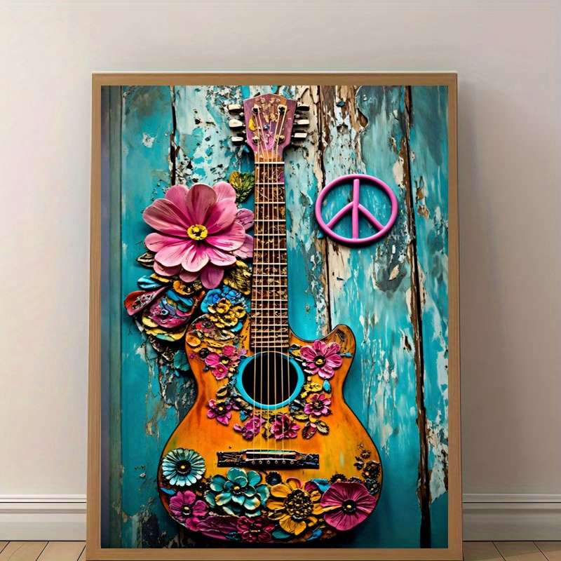1pc  2D Flat Unframed Painting Vibrant Hippie Guitar And Flowers Canvas Print Poster Wall Art D