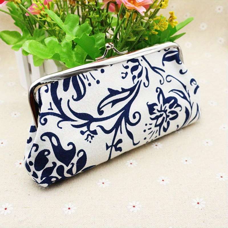 1pc Elegant Blue and White Porcelain-Inspired Canvas Coin Purse Ethnic Floral Design Compact 5-I