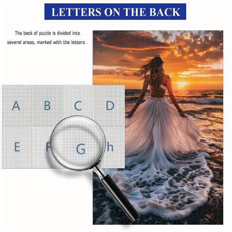1000pcs Stunning Sunset Beach Scene Wooden Jigsaw Puzzle White Dress Woman at Sea Ar