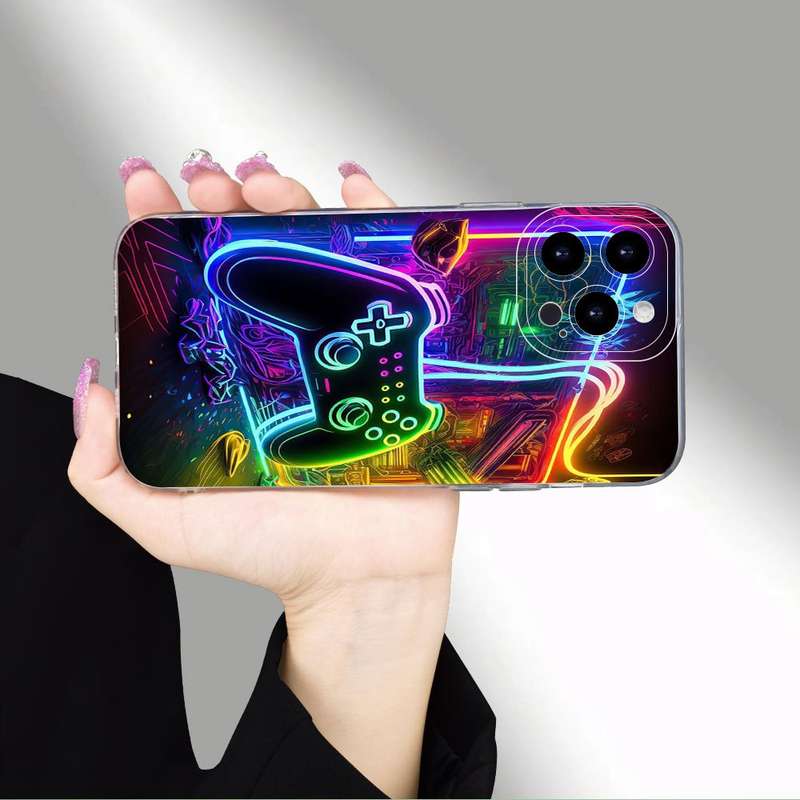 1Pc Mixed Color For iPhone 15 Plus Neon Light And Game Controller Phone Case