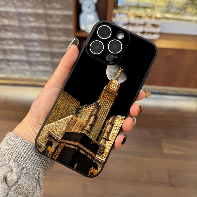 1Pc Black For iPhone 16 Plus Mecca Clock Tower Phone Case