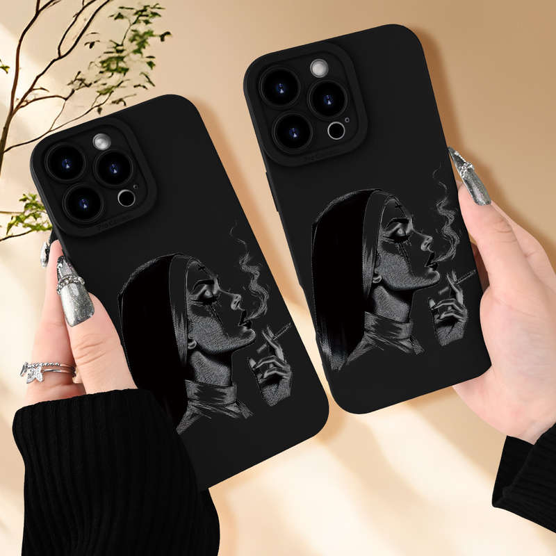 1Pc Black For iPhone 16 Plus Smoking Nun Pattern Phone Case
