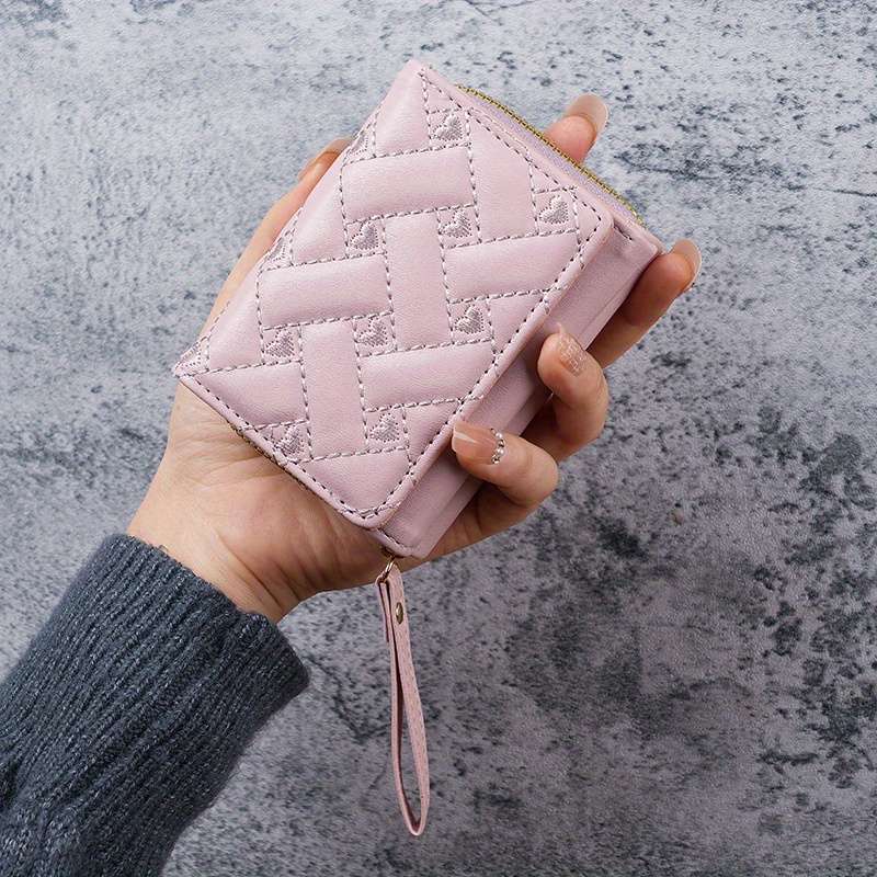 1pc New Korean Style Fashion Heart-Shaped Embroidered Women'S Short Zipper Wallet Clutch Solid Colo