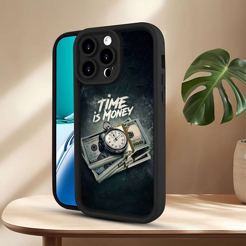 1Pc Black For iPhone 14 Plus Money And Watch Print Phone Case