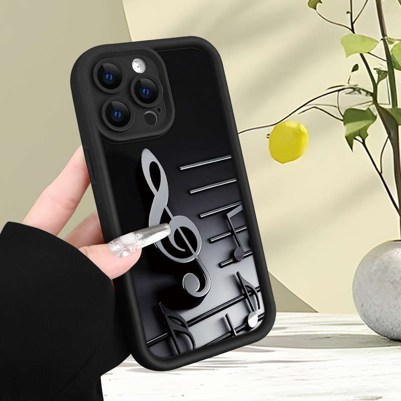 1Pc Black For iPhone 15 Plus Musical Note Pattern Phone Case