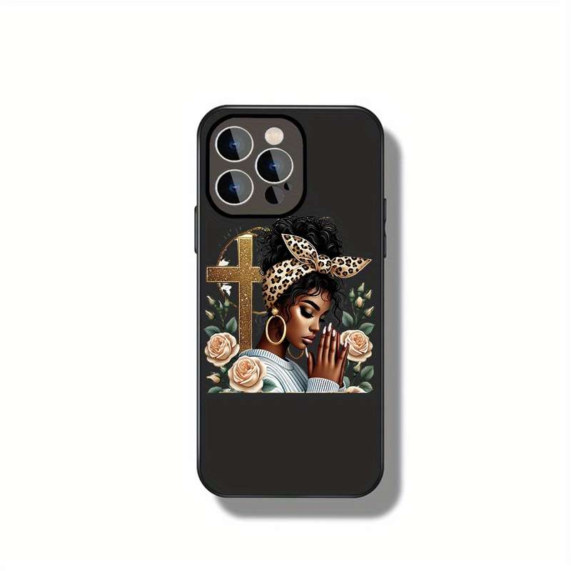 1Pc Black For iPhone 16 Pro Cross And Roses Phone Case