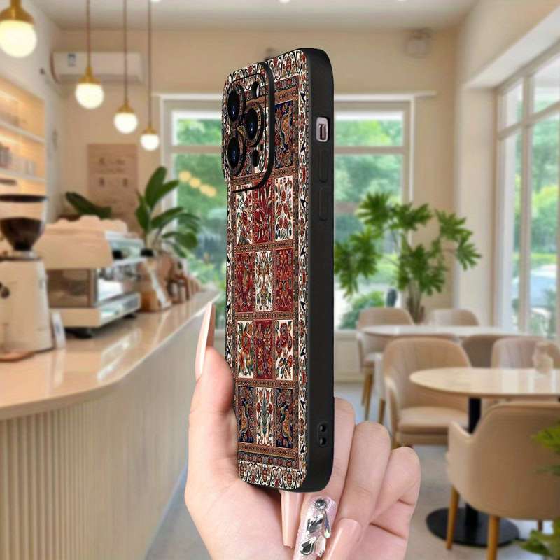 1Pc Black For iPhone 16 Pro Ethnic Print Frosted Phone Case