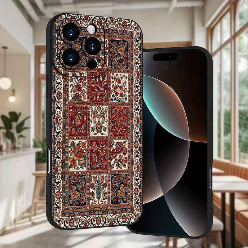 1Pc Black For iPhone 16 Pro Ethnic Print Frosted Phone Case