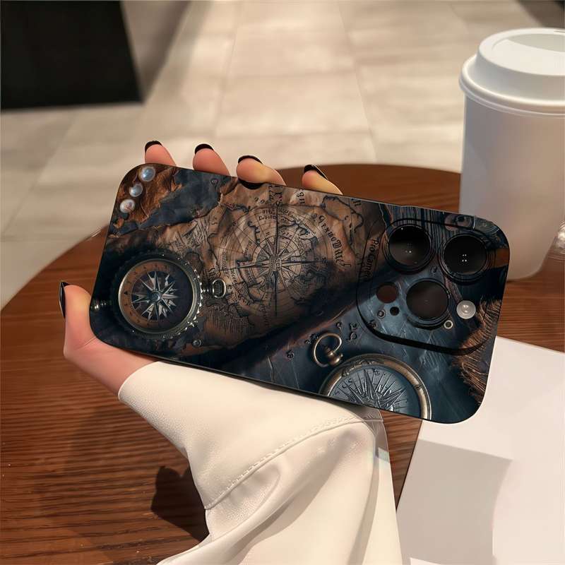1Pc Black For iPhone 13 Pro Max Retro Nautical Pattern Phone Case