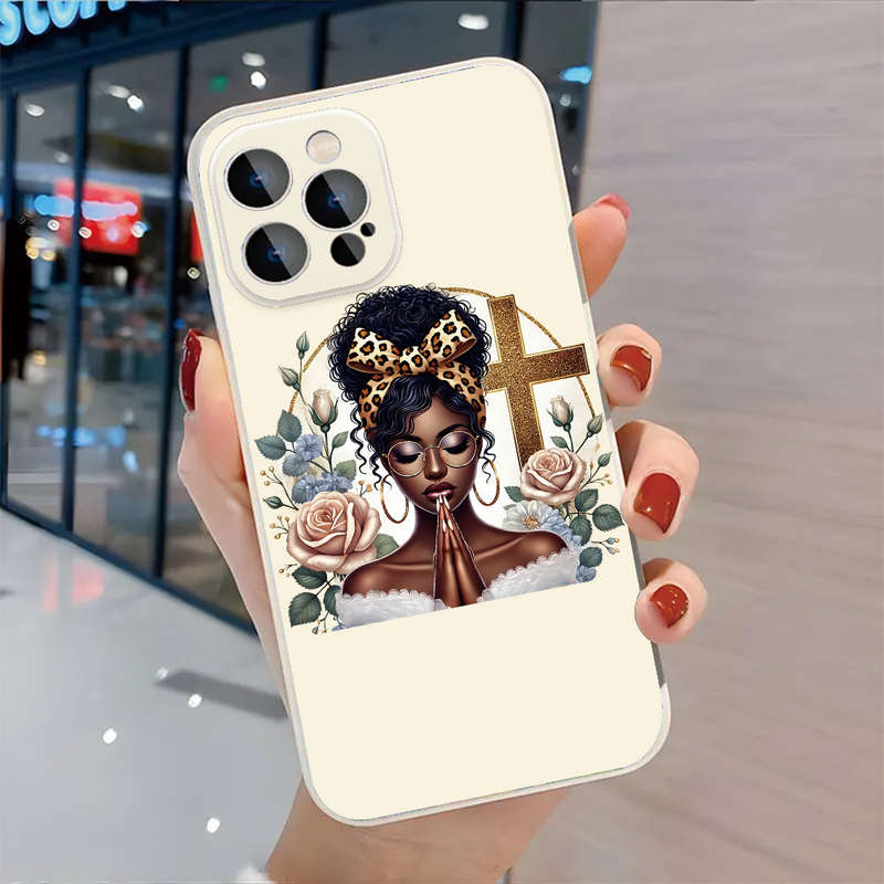 1Pc Black For iPhone 15 Serene Prayer With Floral Blessings Phone Case