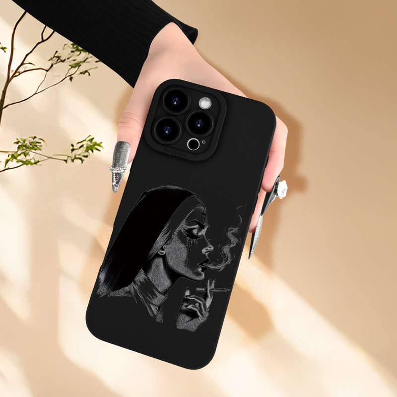 1Pc Black For iPhone 16 Plus Smoking Nun Pattern Phone Case