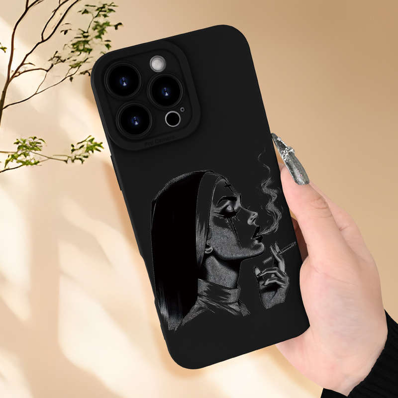1Pc Black For iPhone 16 Plus Smoking Nun Pattern Phone Case