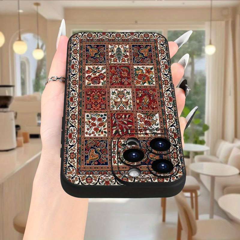 1Pc Black For iPhone 16 Pro Ethnic Print Frosted Phone Case
