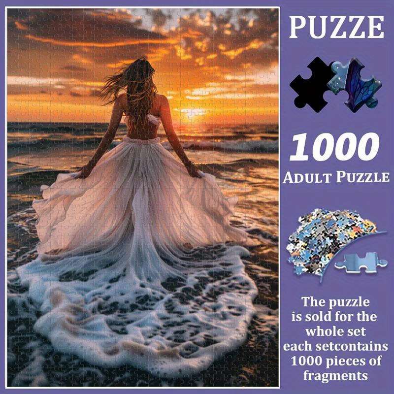 1000pcs Stunning Sunset Beach Scene Wooden Jigsaw Puzzle White Dress Woman at Sea Ar