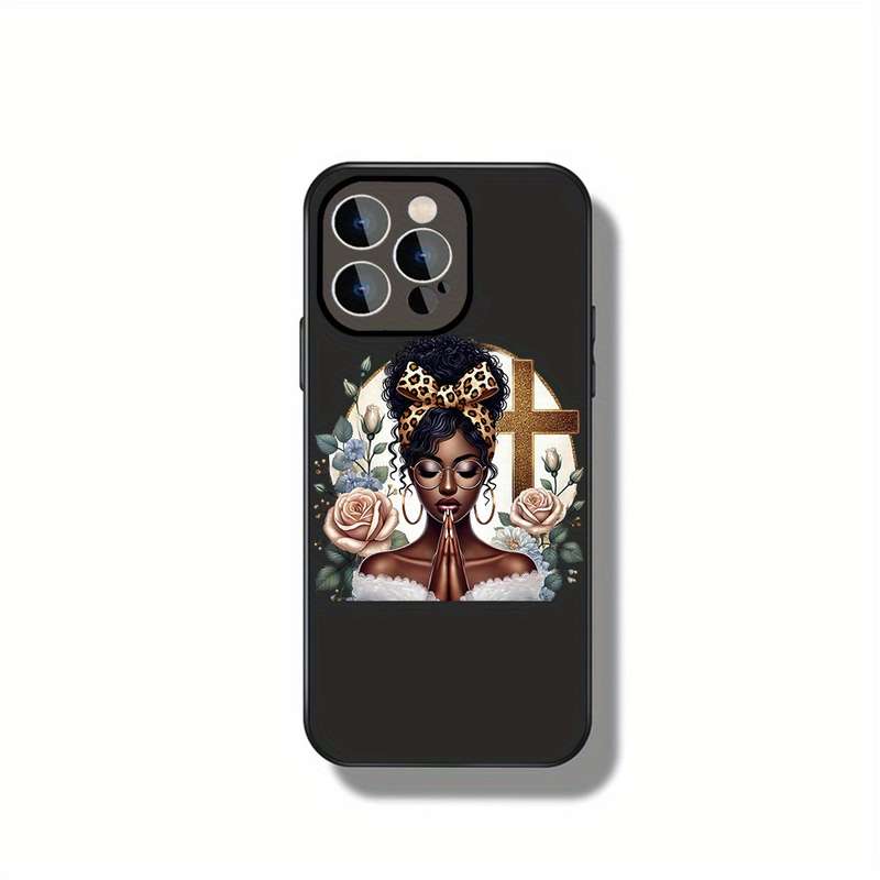1Pc Black For iPhone 15 Serene Prayer With Floral Blessings Phone Case